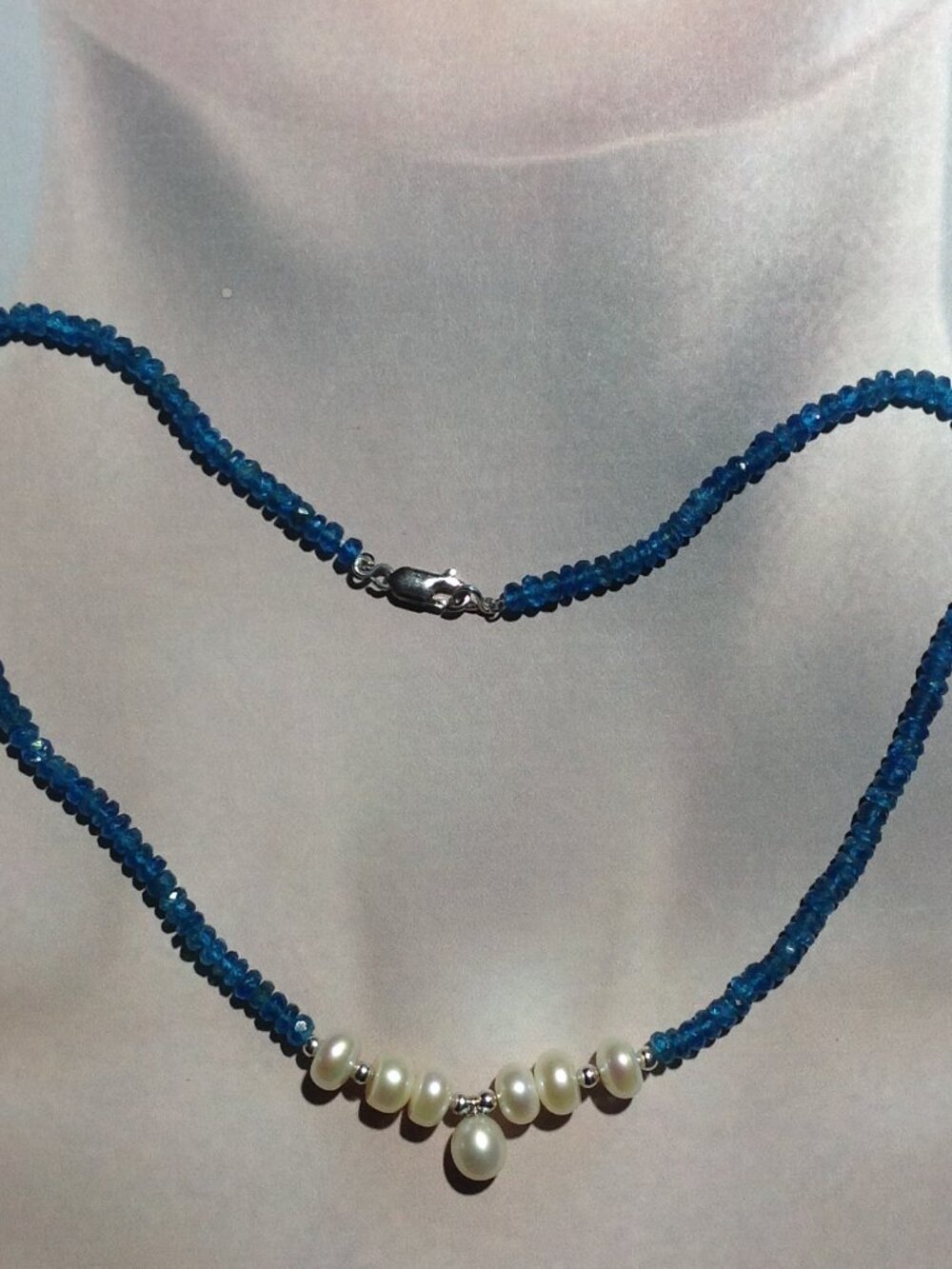 Natural Faceted Rondelle Blue Apatite Beads and Freshwater Pearl Necklace.